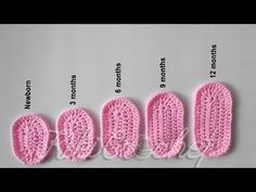 four crocheted pink mitts are shown in three different rows, with the words written