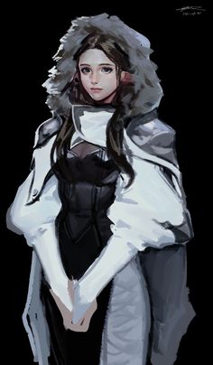 a drawing of a woman wearing a white coat and black dress with fur on the hood