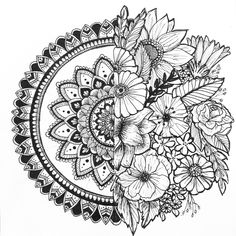 a black and white drawing of flowers in a circular design with leaves on the side