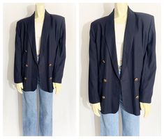 JONES NEW YORK Navy Double-Breasted Blazer.... *feels like rayon-linen blend fabric in dark navy.   *classic, double-breasted button front with ornate gold buttons *relaxed, oversized (menswear) fit and long-line silhouette *fully lined *pockets *great vintage condition LABEL : JONES NEW YORK FABRIC : Looks and feels like rayon-linen blend. Fabric label faded. FIT: Labelled size 8 US. Estimate would best fit a modern size Small-Medium Please see measurements below for most accurate fit. All measurements taken flat - double where necessary. Blazer shown on size Small (US 6) dress form. MEASUREMENTS: Shoulders = 17 inches Bust/Chest = 20 inches Waist = 19 inches Hips = 21 inches Length = 30 inches Sleeves = 24 inches Fabric Labels, Lace Camisole, Jones New York, Dress Form, Double Breasted Blazer, Black Blazer, Womens Blazers, Label Sizes, Vintage Skirt