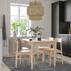 a dining table with four chairs and a potted plant in the middle of it