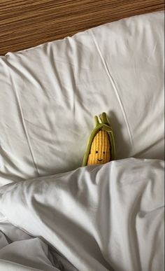 a stuffed corn cob is peeking out from the white sheets on top of an unmade bed