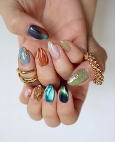 Gem Colored Nails, Gem Tone Nails, Nail Ideas 2024 Trend Summer, Nail Art Full Color, Nails Jewel Tones, Jewel Tone Nails, Eclectic Nails, Nails Hippie, Gemstone Nails