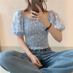 Daisy Embroidery Mesh Sleeve Summer Shirt – Tomscloth Daisy Shirt, Daisy Embroidery, Top Azul, Short Puff Sleeve, Mesh Blouse, Mesh Shirt, Quick Outfits, Fashionista Clothes, Cropped Shirt