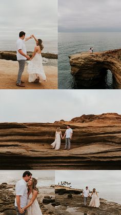 a couple dancing on the beach in front of some rocks and water with their arms around each other