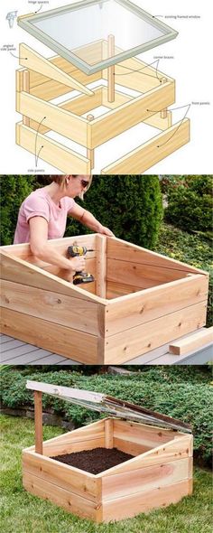 the plans for an outdoor garden box are shown in three different views, including one showing how to build it