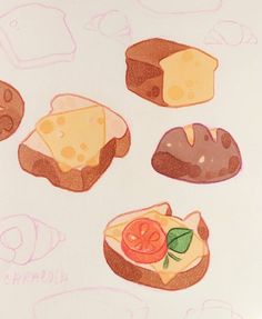 a drawing of different types of breads and pastries