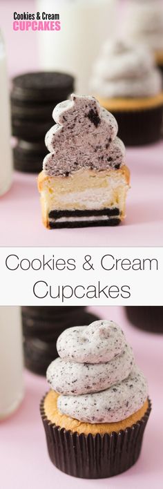 cookies and cream cupcakes with chocolate frosting in the middle on pink background