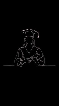 a black and white drawing of a person wearing a graduation cap sitting at a table