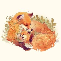 two foxes sleeping next to each other on top of leaves and grass with their heads together