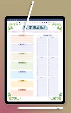 the weekly meal plan is displayed on a computer screen with a pen in front of it