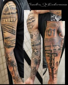 a man's arm covered in tattoos with the words california and other states on it