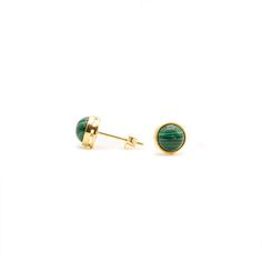 "Malachite stud earrings designed with 925 sterling silver with 5 microns of 18 kt gold-plated. Size of the stone: 5 mm  Earrings size: 7 (L) x 5 (W) mm Sold as a PAIR. This beautiful earrings, it is from \"My Energy\" Jewelry Collection, is a collection that differentiates you, inspired by the energies of precious stones, making you feel safe, positive, unique and protected wherever you go.  The Circle is a universal sign that symbolizes eternity, life wholeness and perfection. It can also suggest the cycle of time or the orbit of the planets. Many people believe that giving someone a circle pendant necklace to symbolizes eternal Love. Malachite: is the stone of transformation because it helps reveal and heal emotional pain by absorbing the negative energies. It is especially helpful in b Energy Jewelry, Malachite Earrings, Malachite Stone, Circle Pendant Necklace, Stone Studs, Circle Pendant, Gold Earrings Studs, Designer Earrings, Jewelry Earrings Studs