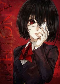 an anime character with black hair and red eyes holding his hand to his face while standing in front of a red background