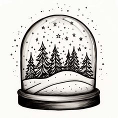 a drawing of a snow globe with trees under it and stars in the sky above