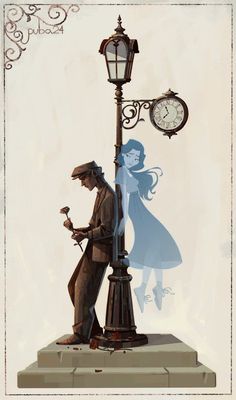 a man and woman are standing next to a lamp post with a clock on it