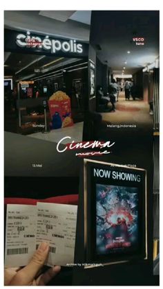 a person holding up a ticket in front of a movie theater with the words cinema now showing