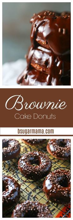 chocolate donuts are stacked on top of each other with the words brownie cake doughnuts above them