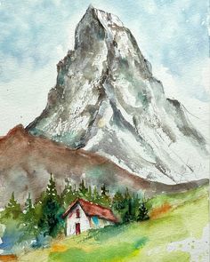 a watercolor painting of a mountain with a house and trees in the foreground