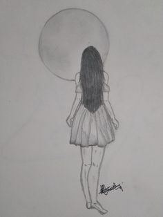 a drawing of a girl with a balloon on her head, looking up at the sky