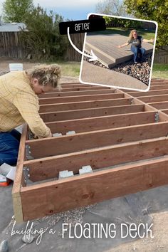 a woman kneeling down on top of a wooden floor next to a pile of wood planks