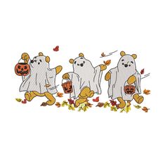 three teddy bears with pumpkins and leaves in the shape of ghostes, one holding a jack - o'- lantern