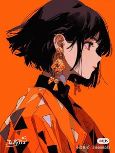 an anime character with long black hair and orange clothes, wearing earrings on her ears