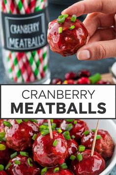 Cranberry meatballs topped with green onions, displayed in a bowl, with a hand picking one up. Cranberry Meatballs, Savory Meatballs, Glazed Meatballs, Festive Appetizers, Meatball Recipes, Crowd Pleaser, Host A Party, Holiday Gathering, Treat Yourself