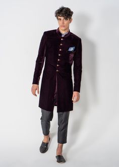 Luxurious Velvet Sherwani * Piece(s): 1 * Neckline: Mandarin * Sleeve Length: Full * Fabric: Velvet * Color: Dark Berry Red (Maroon)  * Front button planet Sizing can be customized, please reference our sizing chart. For all inquires, please reach out to us at support@dhulfaqar.com Instagram: @dhulfaqarstudio Facebook: www.facebook.com/dhulfaqarstudio Velvet Sherwani, Mens Wedding Suits, Red Luxury, Velvet Color, Wedding Suits Men, Red Maroon, Wedding Men, Wedding Suits, Sizing Chart