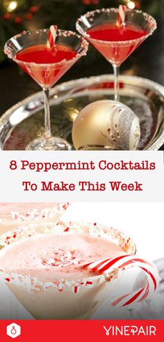 three martini glasses with red liquid in them and the words 8 peppermint cocktails to make this week