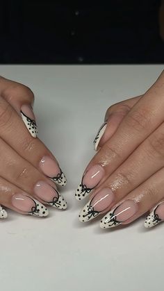 polka dot french tip nails with bow French Manicure Polka Dots, Bow And Polka Dot Nails, Paris Theme Nails, French Nails With Bow Design, Bow Nail Inspo Almond, Polka Dot French Nails, Polka Dot Nails French Tip, Black And White Bow Nails, Black French Tip With Bow