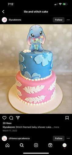 a cake with an elephant topper on it's side and the words lilies and stitch cake below