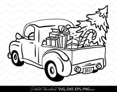 an old truck with presents in the back