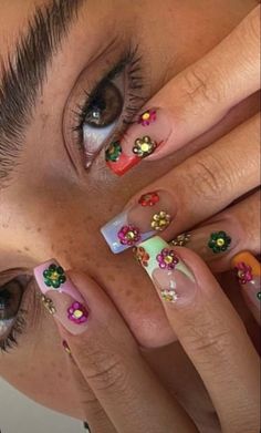 Colorful Nail, Nail Jewels, Her Nails, Fire Nails, Funky Nails, Pretty Acrylic Nails, Flower Nails, Cute Acrylic Nails, Nails Nailart