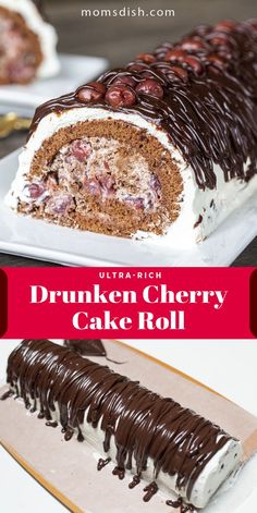 a chocolate cake roll with white frosting and drizzled cherry toppings