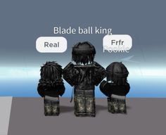 three people standing next to each other in front of a blue background with the words blade ball king real and friskie pookie