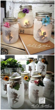 mason jars filled with flowers and butterflies are sitting on a table next to each other