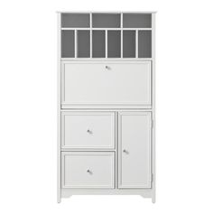 a white bookcase with drawers and shelves on top of each other in front of a white background