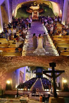 wedding ceremony in an old church with the bride and groom walking up the aisle to the alter