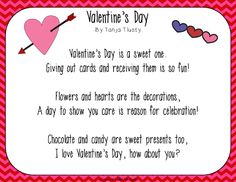 valentine's day poem with hearts and an arrow on pink chevroned background