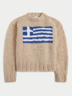 The Greek Flag Jooshi Sweater in Cashmere – Suzie Kondi Knitted Cropped Sweater With Crew Neck, Beige Hand Knitted Crew Neck Sweater, Hand Knitted Beige Crew Neck Sweater, Fisherman Aesthetic, Suzie Kondi, Greek Heritage, Flag Sweater, Greek Flag, Black Harem Pants