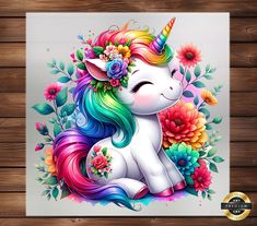 a unicorn with flowers on it's head sitting in front of a wooden wall