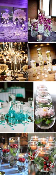 many different shots of flowers and candles in glass vases on a table with other items