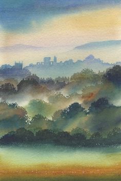 a painting of a foggy landscape with trees in the foreground and buildings in the distance