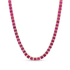 A simple yet bold style, this princess-cut red lab-created ruby tennis necklace adds vibrant color to all your favorite looks. Crafted in sterling silver with yellow rhodium plate This choice simply glistens with an endless row of 4.0mm princess-cut bright red lab-created rubies. This 18.0-inch necklace secures with a tongue and groove clasp. 15th Anniversary Gift, Red Lab, Yellow Necklace, Peoples Jewellers, Necklace Clasps, Bold Style, Ruby Stone, Tennis Necklace, Tongue And Groove