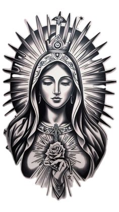 the virgin mary tattoo design is shown in black and white, with sun rays coming through it