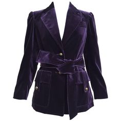 2005 Yves Saint laurent by Tom Ford soft velvet jacket. 2 pockets and belt. Bust: 32"/ Waist: 29" / Hip: 36" / sleeve length: 22" Fit size 2/4 Purple Velvet Jacket, Tom Ford Jacket, Carolyn Murphy, Black Silk Blouse, Low Cut Dresses, Dressy Pants, Purple Jacket, Safari Jacket, Velvet Blazer