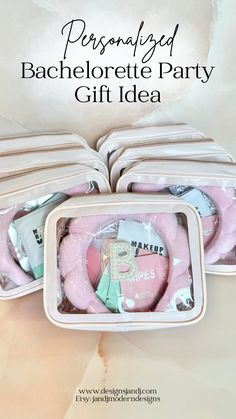 personalized bachelorette party gift idea in a tin with pink and white items inside