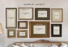 a bed with white sheets and pictures on the wall above it that says sample layout