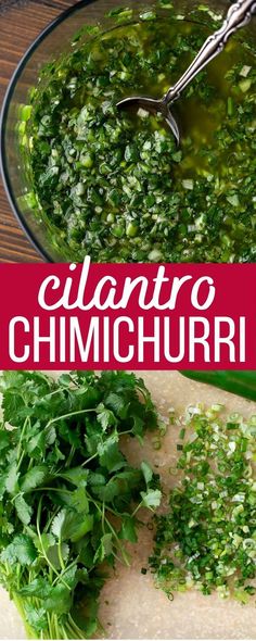 cilantro and chimichurri sauce in a glass bowl